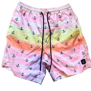 Spicy Tuna Men’s Swim Shorts Pink Yellow Ombre Anchor Print Size Medium